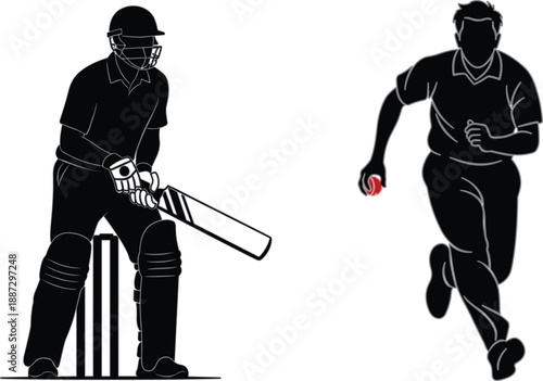 Silhouette cricket players showing batsman and bowler action sequence, sports training, competitive match illustration, dynamic motion, and athletic techniques