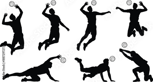 Silhouette volleyball players in dynamic action poses showing spiking, serving, diving, receiving, teamwork, athletic training, competitive sports, and game techniques