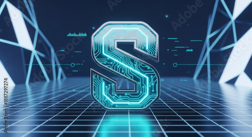 S Alphabet Monogram with Glowing Cyan Circuit Lines and 3D Digital Grid
