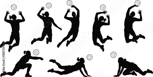 Silhouette volleyball players in dynamic action poses showing spiking, serving, diving, receiving, teamwork, athletic training, competitive sports, and game techniques