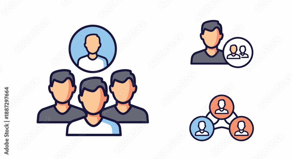Fototapeta premium Vector icons represent people and groups, depicting connection, hierarchy, and teams