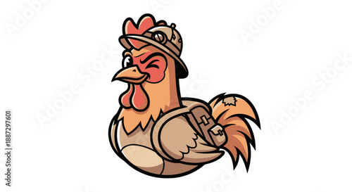 A winking rooster wearing a safari hat and a backpack. Cartoon illustration