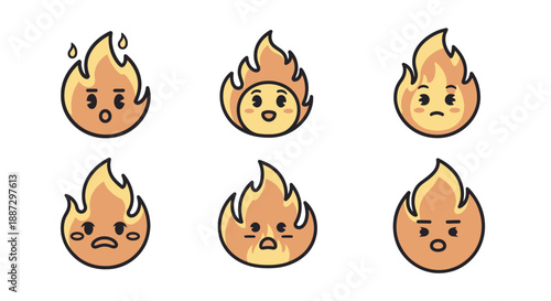 Six cartoon flames with varied facial expressions and rounded edges, in a flat, outlined style