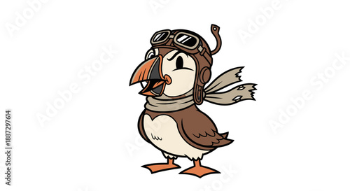 A cartoon puffin bird, wearing a leather aviator helmet and scarf, standing with mouth open