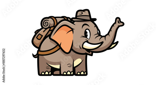 Cartoon elephant adventurer wearing a hat and backpack, with trunk raised. Isolated on white