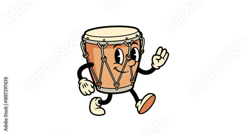 Cartoon bongo drum with a smiling face and gloved hands giving an okay sign, walking