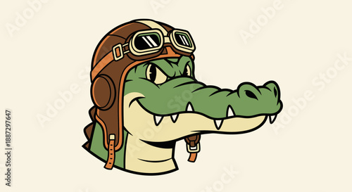 A cartoon alligator with goggles and aviator helmet smiles on a neutral background