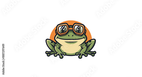 A cartoon frog, wearing goggles, smiles against an orange backdrop. Green, cream, and orange tones