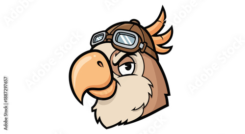 Cartoon bird head wearing aviator goggles and helmet, with a serious expression