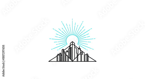 A minimalist line art logo of mountains and buildings, with the sun bursting behind it