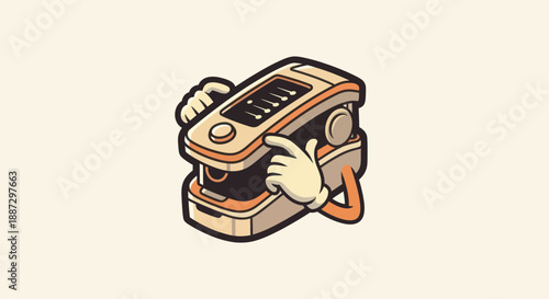 Cartoon stapler with arms and hands, a whimsical illustration on a cream-colored background