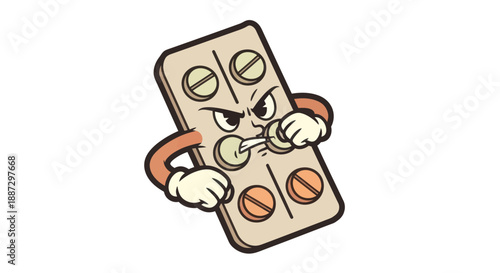 An angry, anthropomorphic blister pack cartoon mascot, biting through pills with arms and a face