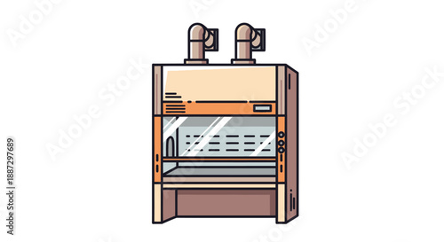 Illustration of a laboratory fume hood with exhaust pipes, glass, and controls