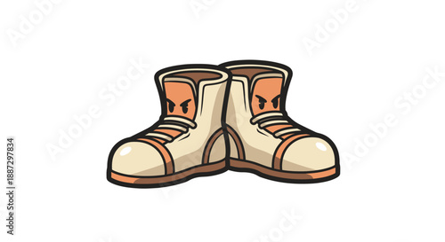 Cartoon illustration of a pair of high-top sneakers, beige & orange with angry faces