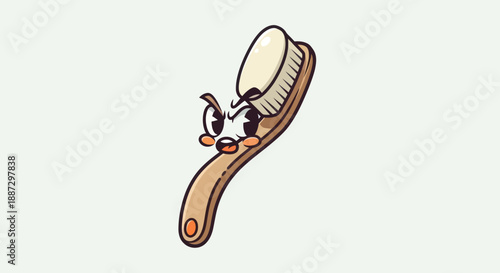 Cartoon toothbrush character with angry expression, wooden handle, and orange accent on a white background