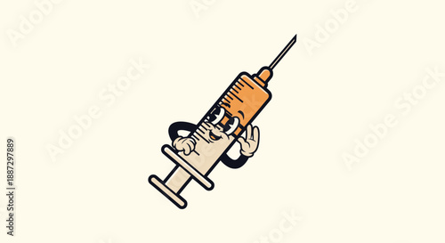 Cartoon syringe character with a smiling face, holding up a hand in an "okay" gesture