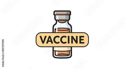 A cartoon illustration of a vial with the word "VACCINE" and a beige background