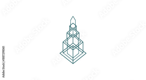 Abstract geometric tower structure with an array of overlapping 3D outlines on white