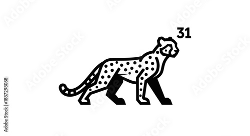 A stylized black and white drawing of a cheetah with the number "31" above it