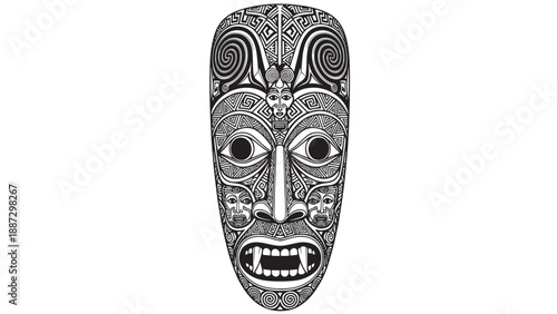Monochrome Tribal Mask with Intricate Carved Pattern and Expressive Face.