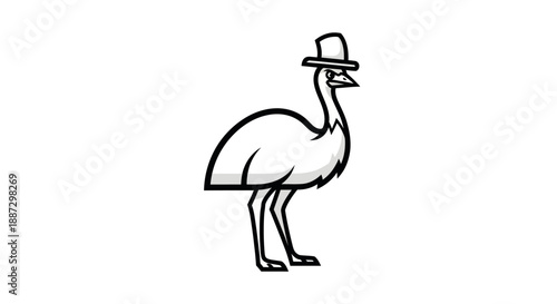 A stylized ostrich wearing a bowler hat stands in profile against a white background