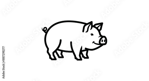 A simple, line art illustration of a smiling pig with a curled tail, ears, and snout