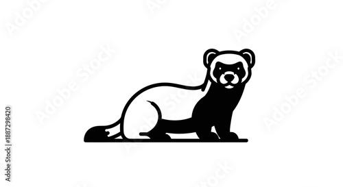 A black and white illustration of a ferret in a side-facing pose. The ferret is stylized