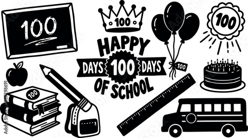 Hand drawn school celebration icons showing 100 days badge crown balloons cake bus backpack ruler chalkboard books pencil apple banner