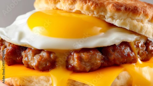 Savory Breakfast Delight: A close-up shot captures a mouthwatering breakfast sandwich, boasting a golden fried egg, sausage, and melty cheese, nestled between two halves of a fluffy biscuit.