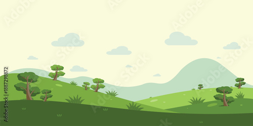 Fresh green hills landscape vector with soft sky. Ideal for nature backgrounds, eco designs, website headers, banners, and outdoor themed illustrations.
