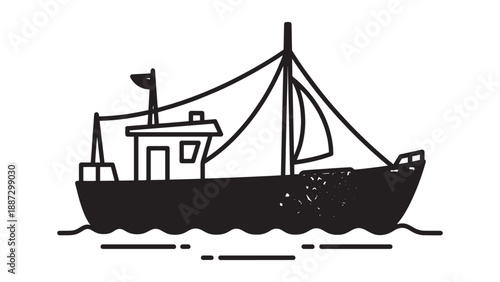 Silhouette of a small fishing vessel with sails on calm water.