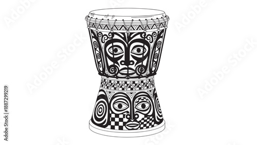 Intricate black and white tribal patterned ceramic mug with faces and geometric motifs.