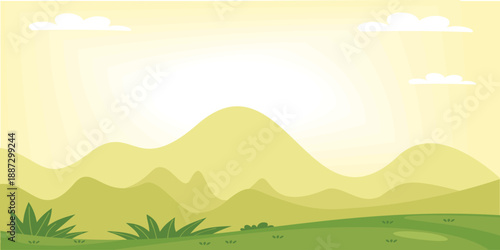 Warm mountain sunrise landscape vector with yellow tones. Perfect for travel themes, nature posters, website banners, and scenic backgrounds.