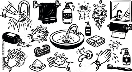 Line art close up collection of handwashing icons showing soapy hands at sink with faucet soap bottle towel mirror brush
