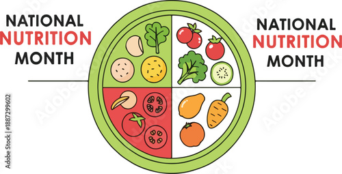 Celebrating national nutrition day with a vibrant plate of assorted healthy food options and nutrition information