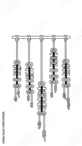 Dried herbs and plant bundles hanging on strings in a rustic kitchen setting.