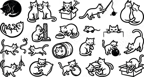 Line art assortment of playful cat icons in various poses close up set for stickers labels web and print editable pack