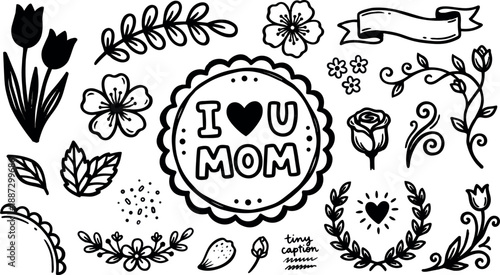 Whimsical kids doodle close up hand lettered i heart u mom badge surrounded by floral elements tulips spring landscape black white ink