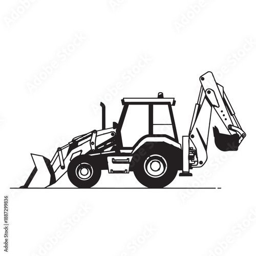 Backhoe loader and excavator on a construction site silhouette illustrating heavy machinery in operation.