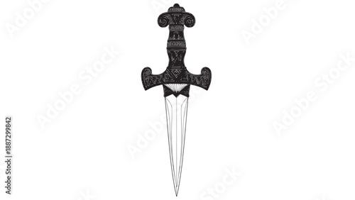 Intricately Designed medieval dagger with ornate handle and gleaming blade on plain white background.