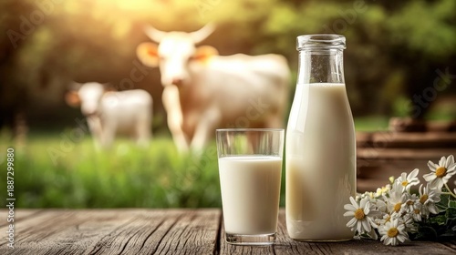 A glass and bottle of fresh milk are presented on a wooden table, with cows grazing in a lush green field in the background.