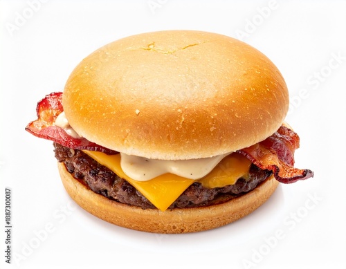 Bright overhead shot of a gourmet bacon cheeseburger with crispy bacon and melted cheddar isolated on a white background.