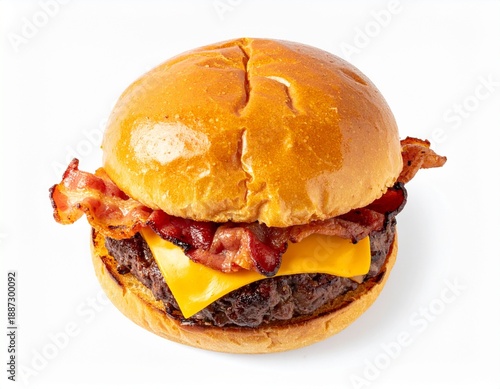 Bright overhead shot of a gourmet bacon cheeseburger with crispy bacon and melted cheddar isolated on a white background.