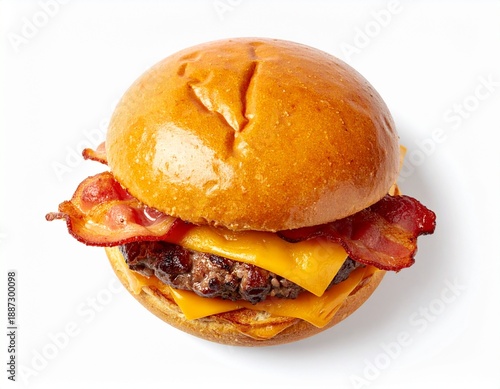 Bright overhead shot of a gourmet bacon cheeseburger with crispy bacon and melted cheddar isolated on a white background.