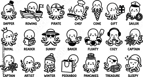 Whimsical kids doodle sheet of twenty four cute octopus character icons in costume poses close up black line art sticker playful