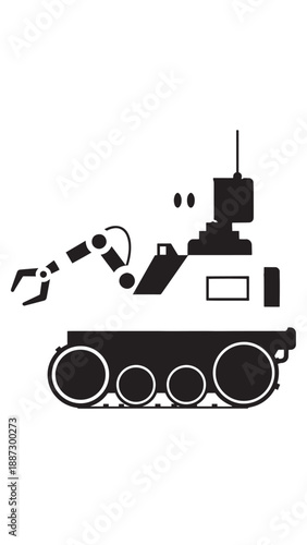 Industrial tracked excavator silhouette icon representing construction machinery and earthmoving work.