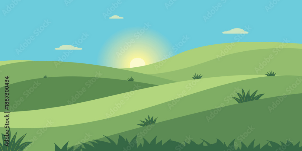 Obraz premium mountain sunrise landscape, sunrise background vector, mountain landscape illustration, yellow sky background, nature scenery, scenic landscape, travel background, outdoor illustration