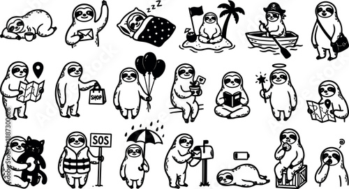 Hand drawn line art sheet of expressive sloth characters performing activities including sleeping reading boating shopping balloons holding playful stickers