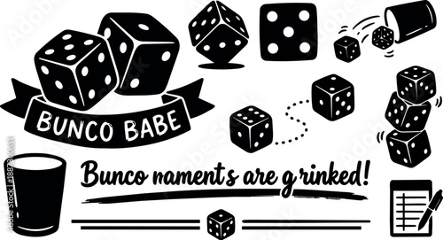 Tattoo flash bunco dice set with bunco babe banner, rolling dice, score pad, cup, hand lettering, playful black silhouettes graphic