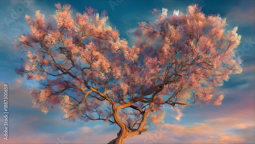 A heart shaped tree blossoming with pink and white flowers stands against a backdrop of soft blue and orange sky symbolizing love and natural beauty perfectly.